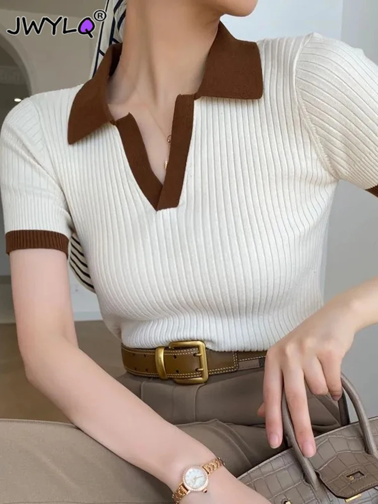 Summer Short Sleeve Polo Collar Splicing Color Knitted T-shirt Fashion Slim Pullover Sweater Women Casual All-match Women's Top
Summer Short Sleeve Polo Collar Splicing Color Knitted T-shirt Fashion Slim Pullover Sweater Women Casual All-match Women's Top