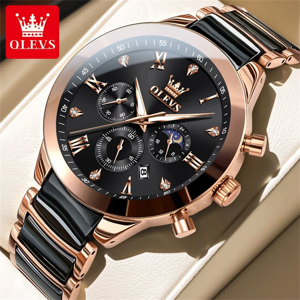 

OLEVS Luxury Man Watch Elegant Ceramics Strap Men's Wristwatch Waterproof Chronograph Moon Phase Auto Date Quartz Watch for Men