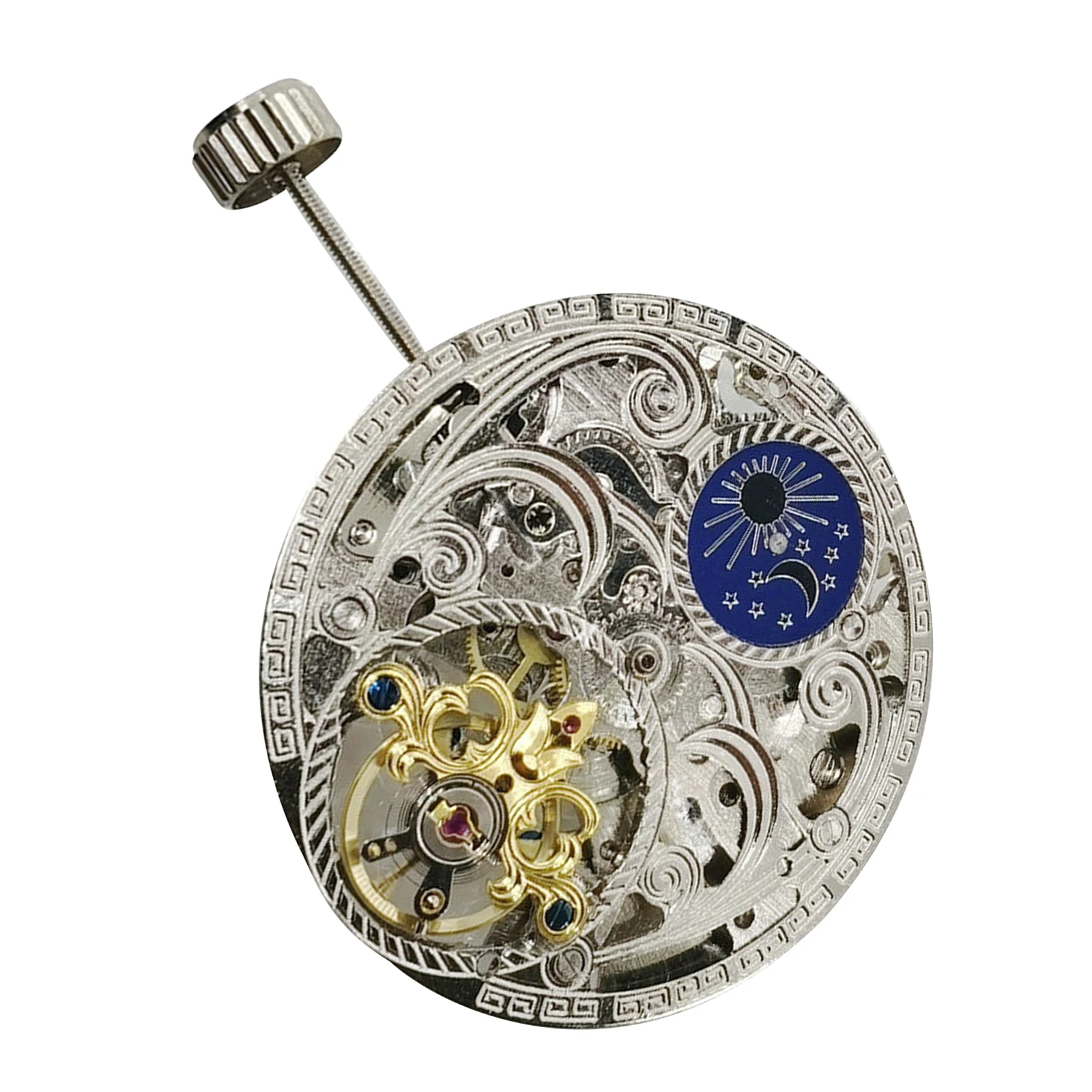 Skeleton Automatic Mechanical Watch Movement 3 Hands Flywheel at 6 Movement Moon Phase at 12 o'clock Watch Accessory Replacement
Skeleton Automatic Mechanical Watch Movement 3 Hands Flywheel at 6 Movement Moon Phase at 12 o'clock Watch Accessory Replacement