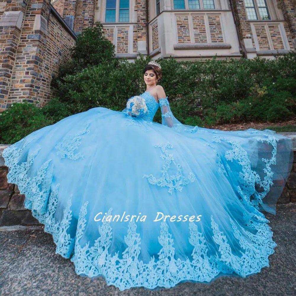 Light Blue Appliques Lace Tiered Quinceanera Dress Ball Gown Sweetheart Long Flare Sleeve Graduation 7th Vestido De XV Anos
Light Blue Appliques Lace Tiered Quinceanera Dress Ball Gown Sweetheart Long Flare Sleeve Graduation 7th Vestido De XV Anos
