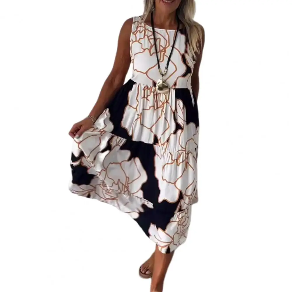 

Women Midi Dress Floral Printed O Neck Sleeve A-line Midi Dress with Pleated Patchwork Hem for Summer Vacation Beach Elegant