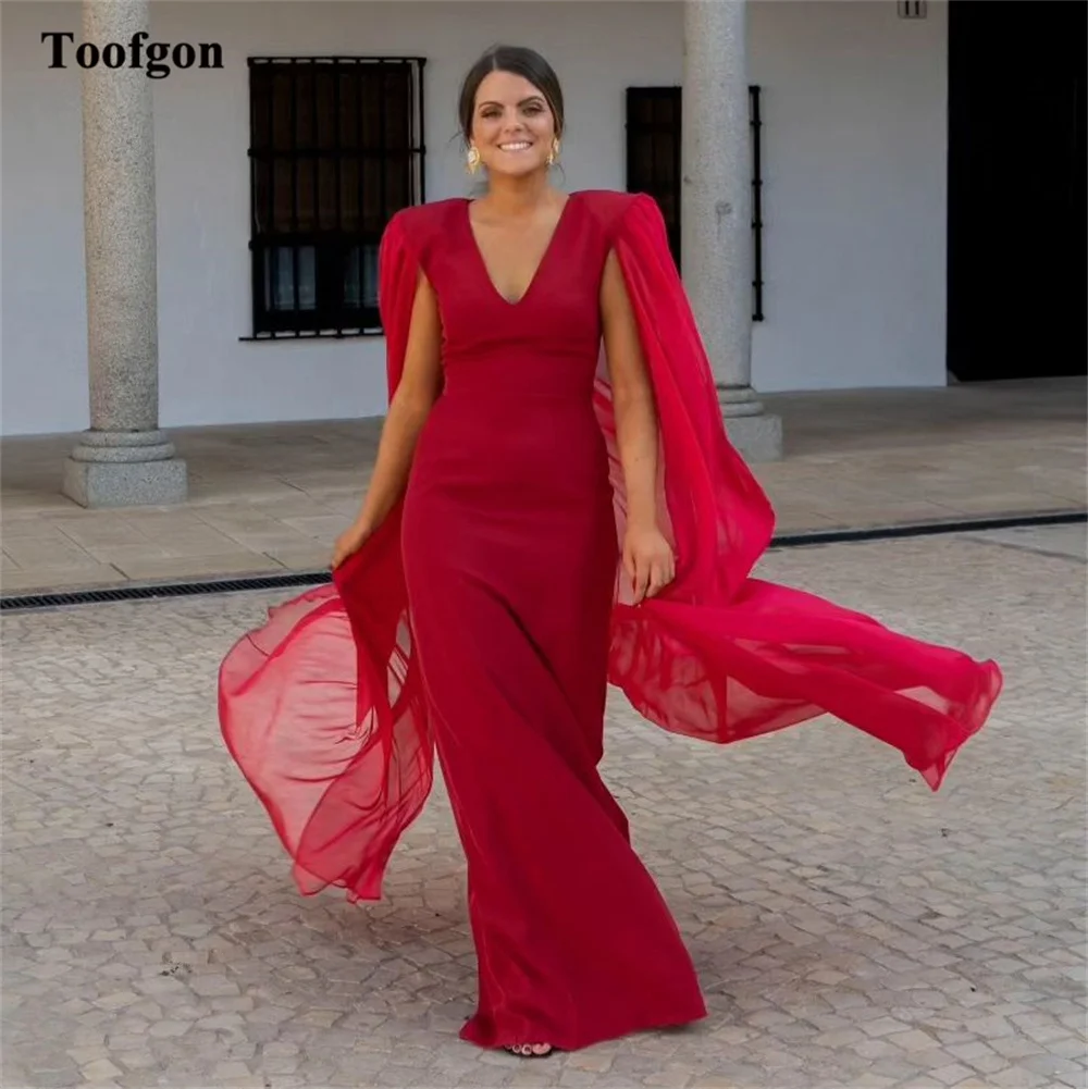 

Toofgon Red Wine Sheath Prom Dresses Long Sleeves V-Neck Women Formal Evening Party Dress Special Occasion Bridesmaid Gowns 2023