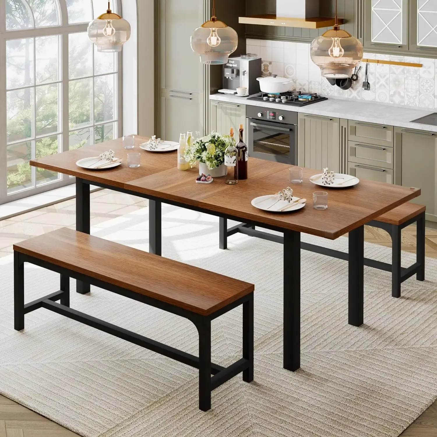 63" Dining Table Set for 4-6, Extendable Dining Room Table w/ 2 Benches, 3 Pcs Kitchen Table for Small Space, Easy Clean, Walnut
63" Dining Table Set for 4-6, Extendable Dining Room Table w/ 2 Benches, 3 Pcs Kitchen Table for Small Space, Easy Clean, Walnut