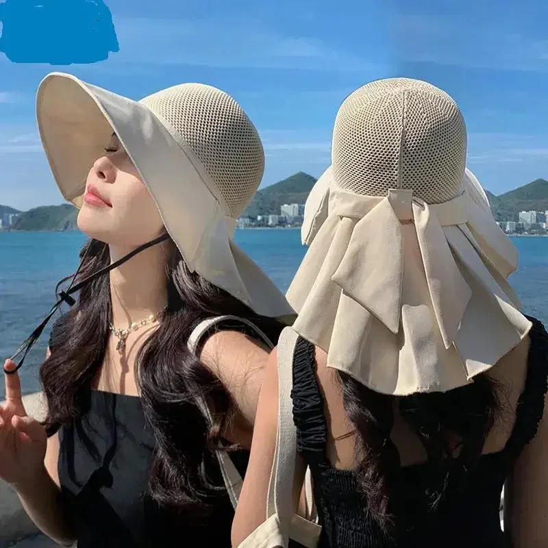 

New Women Summer Bucket Hat With Shawl Lightweight Breathable Mesh Face Neck Protection Sun Hat Bow Big Brim Travel Beach Hat