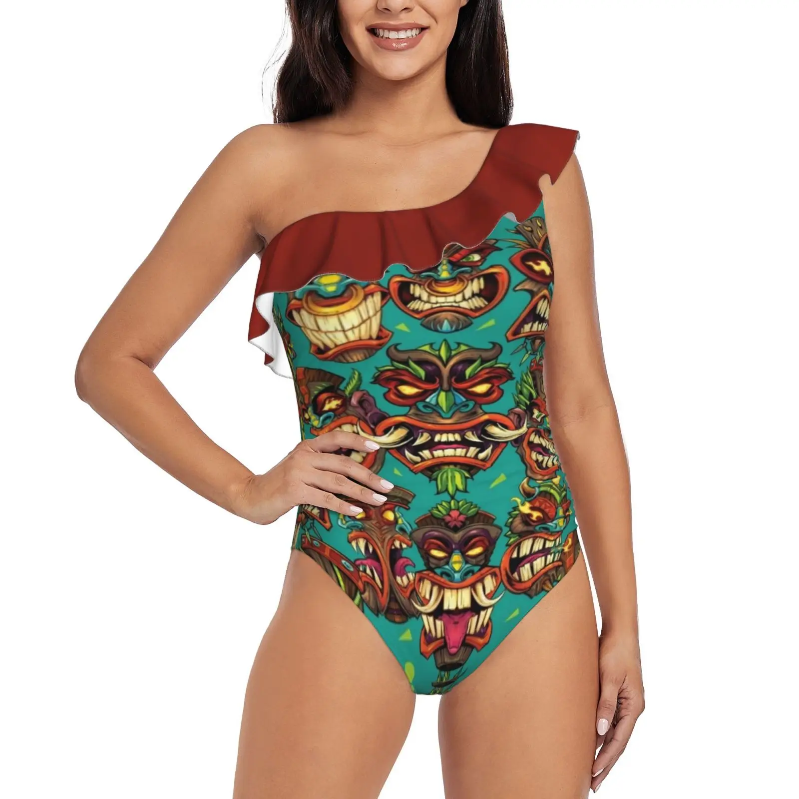 

Tiki Head Repeating Pattern One Shoulder Ruffle Swimsuit One Piece Print Swimwear Women Bathing Suit Monokini Licensing Tiki