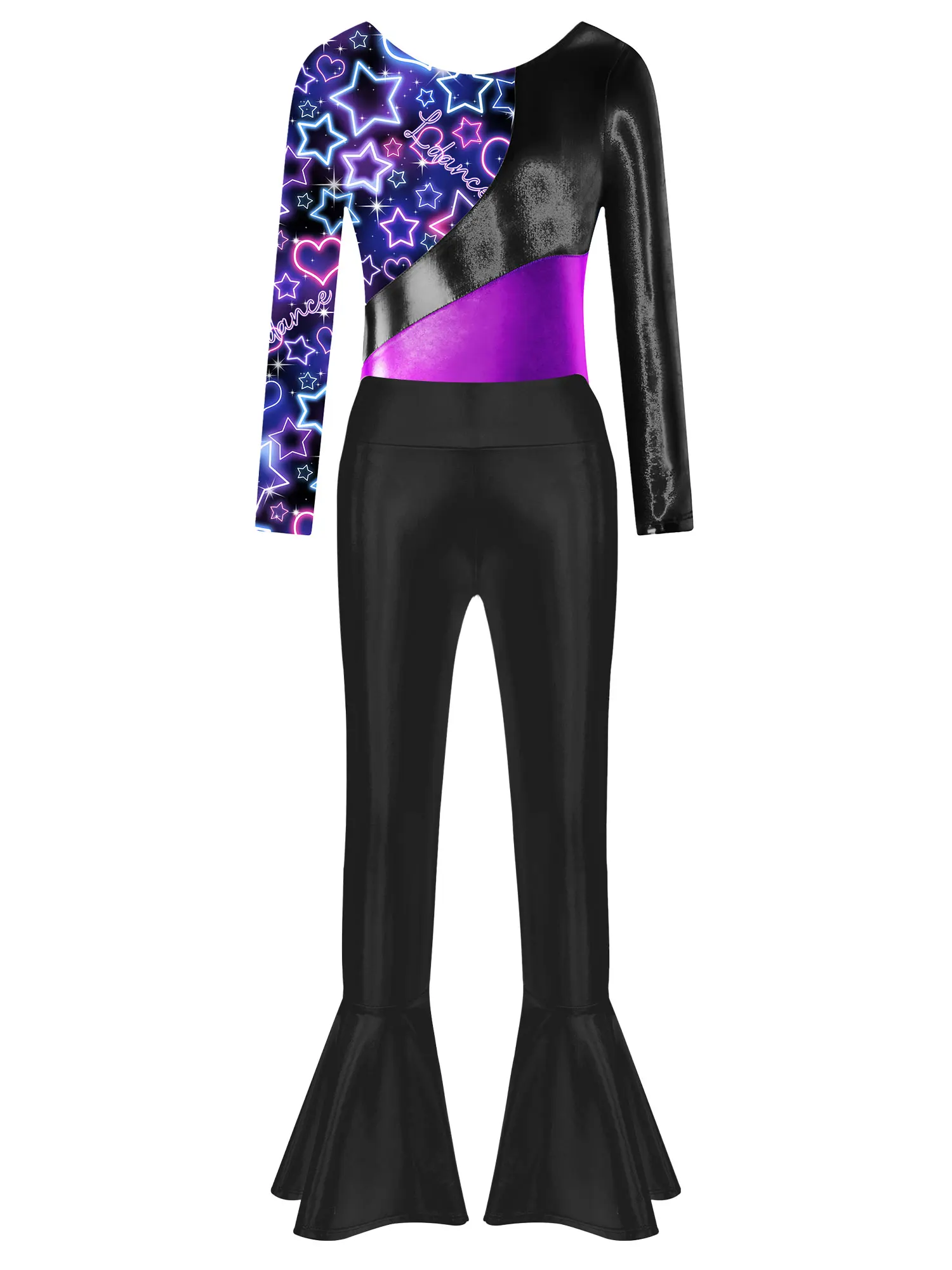 

Kids Girls Long Sleeve Round Neckline Printed Patchwork Leotard with Metallichigh-waisted Bell-bottoms for Dance Gymnastics