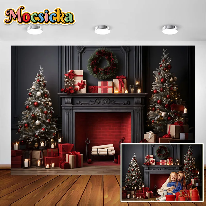 

Рождественская фотография фоны Рождественская елка подарочные коробки черная каминная дорожка венки Декор фоны для детей семейный портрет Фотостудия