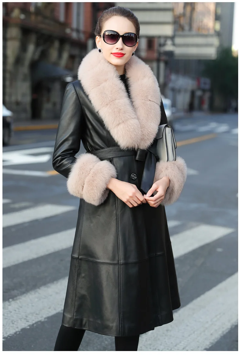 

2024 Genuine Leather Jacket Women Fox Fur Collar Long Sheepskin Coat Female Warm Winter Down Jackets Korean Femme Veste