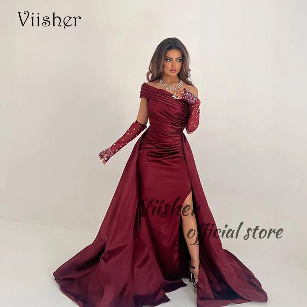 

Viisher Burgundy Mermaid Evening Dresses One Shoulder Pleats Satin Formal Prom Dress with Slit Dubai Party Gowns