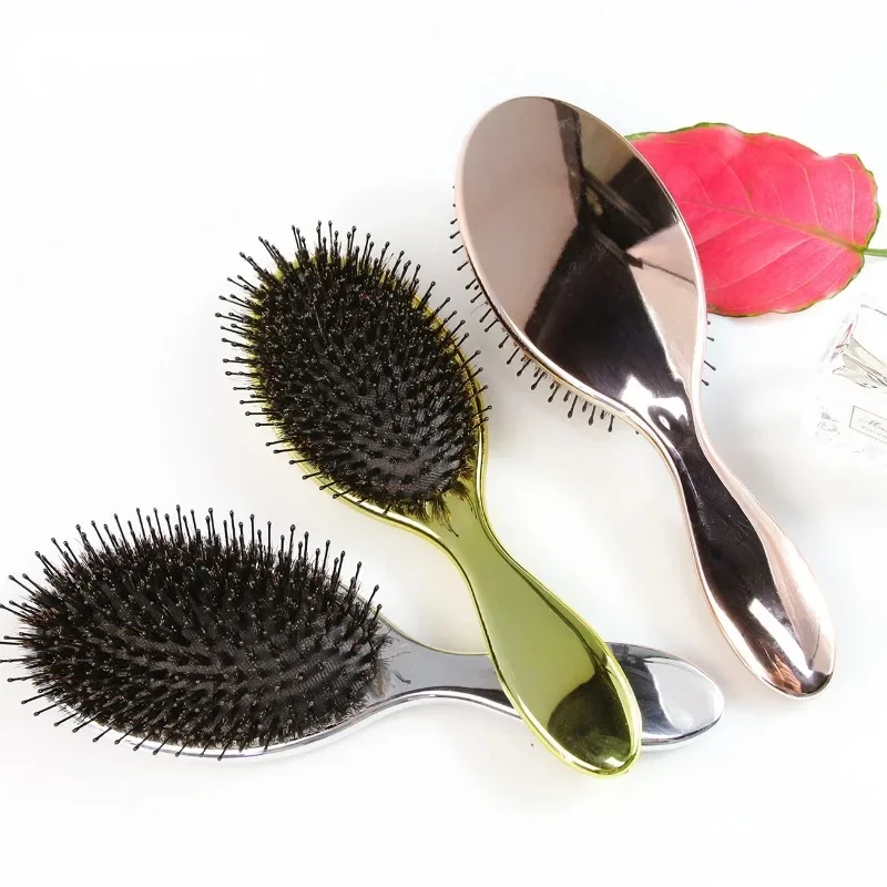 

1PC Luxury Gold And Silver Color Boar Bristle Paddle Hair Brush Oval Hair Brush Anti Static Hair Comb Hairdressing Massage Comb