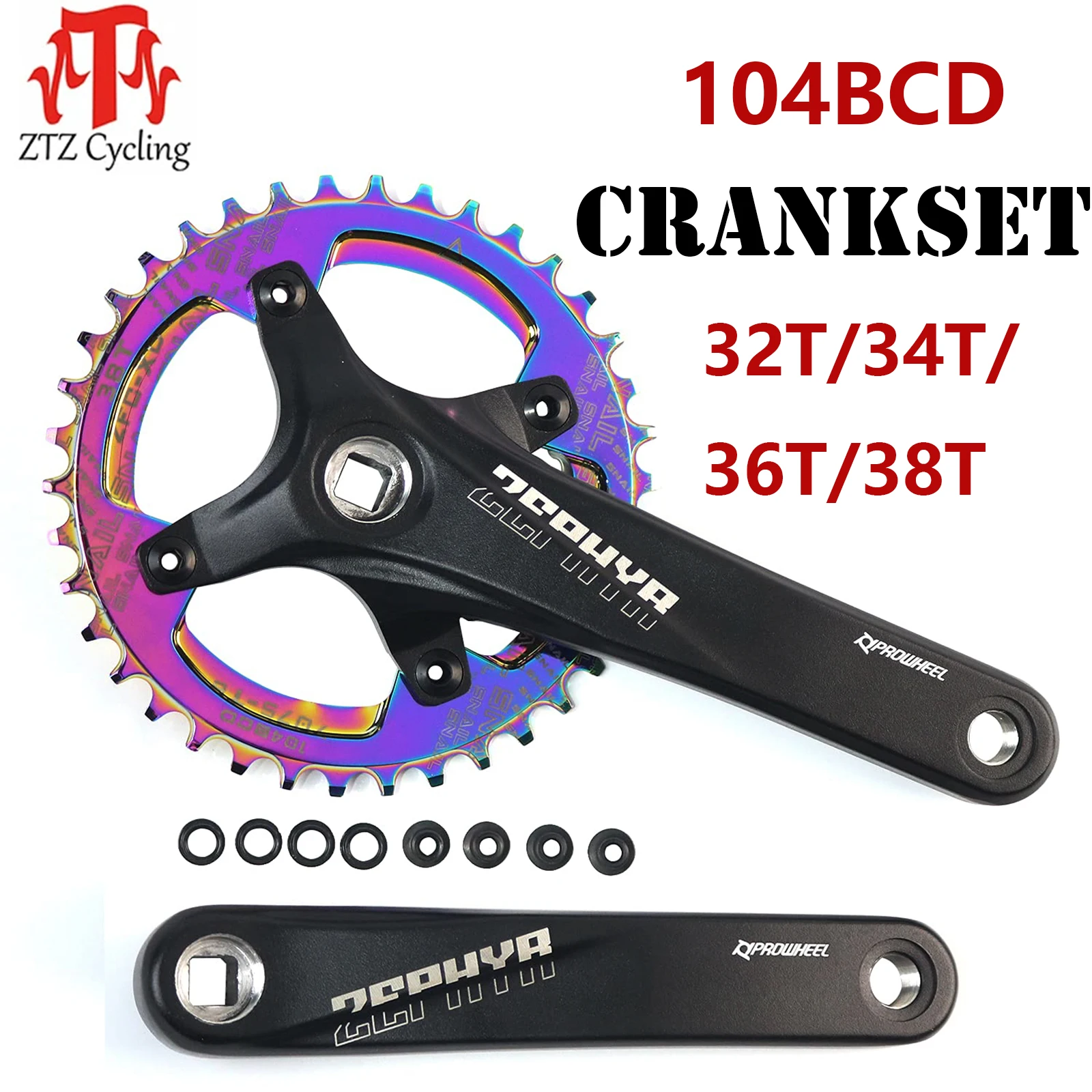 

ZTZ Mountain Bike 170mm Square Crankset with 104 BCD 32/34/36/38T Chainring,MTB Crank Narrow Wide CNC Round Chainring Bolts Fit