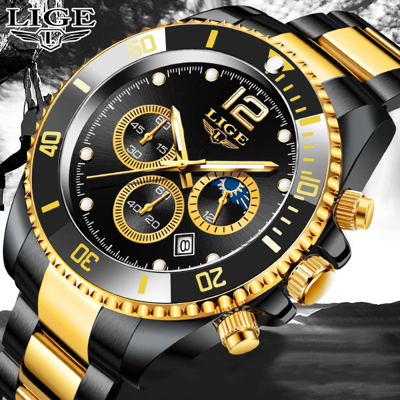 

LIGE Men Watch Top Brand Luxury Sports Quartz Mens Watches Full Steel Waterproof Chronograph Wristwatch Men Relogio Masculino