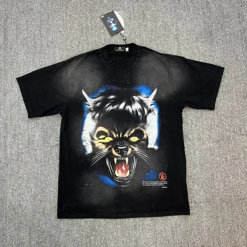 

2024ss Oversized HELLSTAR Wolf Head Print T Shirts For Men Women 1:1 Best Quality Black Washed Full Moon Tee