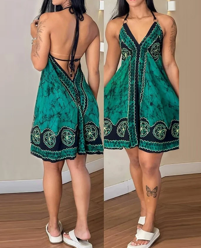 

Sexy Women's Beach Vacation Dress 2024 Summer Floral Tie Dye Print Halter Backless Dress Sleeveless Tied Detail Mini Dress