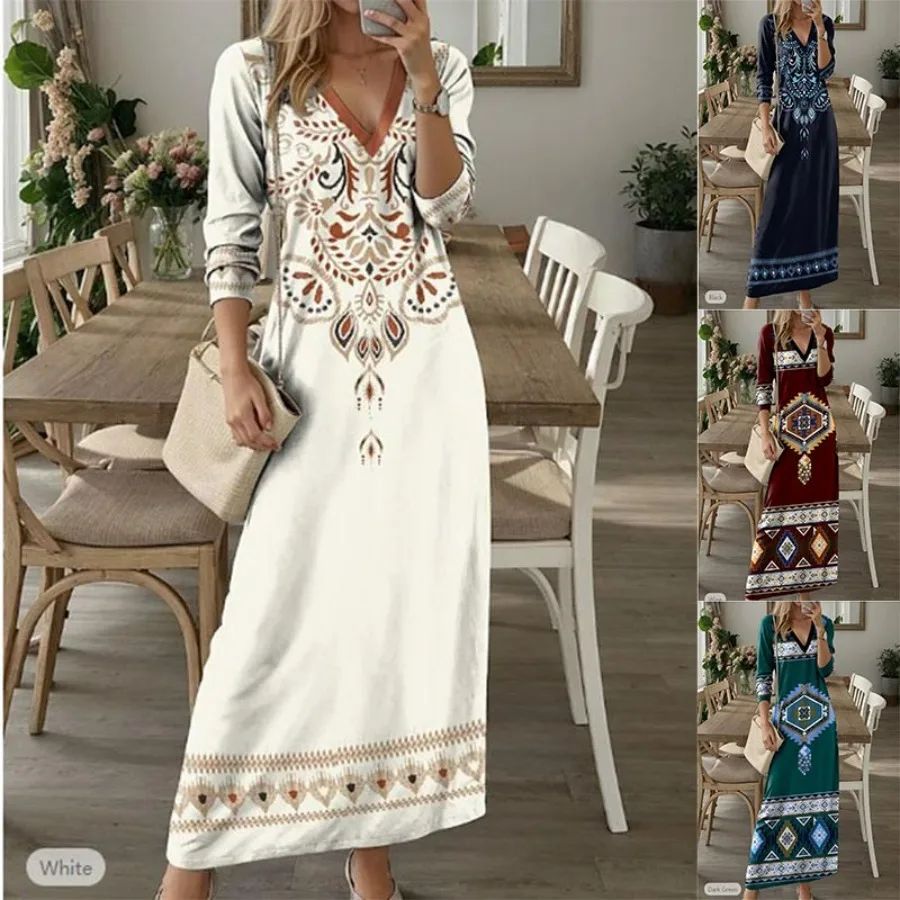2024Women's Autumn Ladies V Neck Loose A-Line Dress Vintage Pattern Print Long Sleeve Dress Boho Women Holiday Beach Long Dress
2024Women's Autumn Ladies V Neck Loose A-Line Dress Vintage Pattern Print Long Sleeve Dress Boho Women Holiday Beach Long Dress