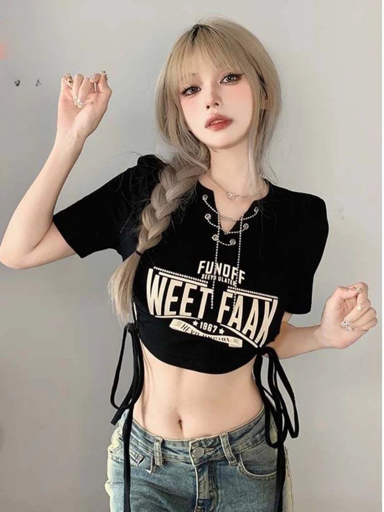 HOUZHOU Harajuku Vintage Black Crop Top Women Summer Streetwear Y2k Tshirts Letter Print Chain Bandage Short Sleeve Tees Slim
HOUZHOU Harajuku Vintage Black Crop Top Women Summer Streetwear Y2k Tshirts Letter Print Chain Bandage Short Sleeve Tees Slim