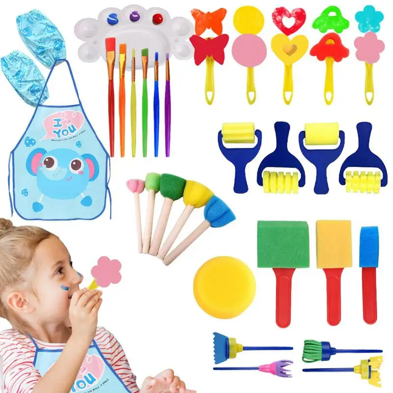 

Art Crafts Sponge Brush Painting Brushes Drawing Tools Kits 32pcs Kids Paint Sponges Set With Waterproof Apron And Sleeves For