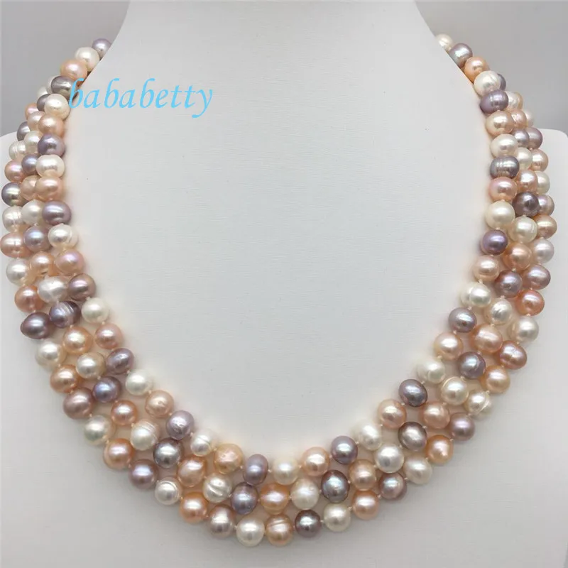 Beautiful natural freshwater pearl 7-8 mm white pink purple 3 row 20 inches pearl necklace fashion joker
Beautiful natural freshwater pearl 7-8 mm white pink purple 3 row 20 inches pearl necklace fashion joker