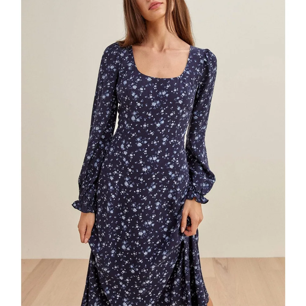 

Женское винтажное платье средней длины, элегантное платье с цветочным принтом на талии, глубоким круглым вырезом и длинным рукавом, одежда для весны и осени, 2022