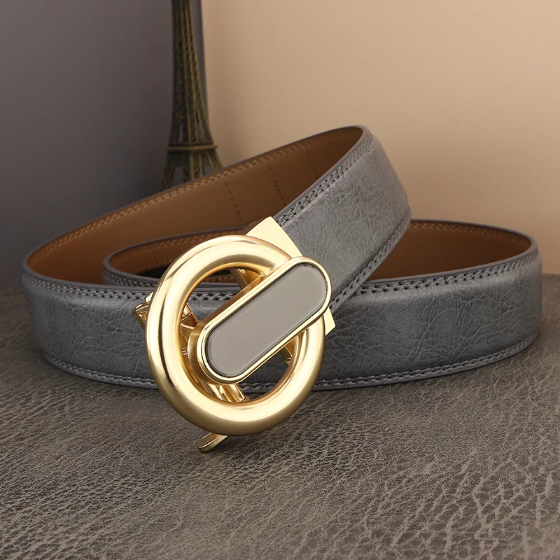 Ремень мужской из натуральной кожи с автоматической пряжкой, Модный Роскошный пояс в стиле кэжуал, серый дизайнерский 
Ремень мужской из натуральной кожи с автоматической пряжкой, Модный Роскошный пояс в стиле кэжуал, серый дизайнерский