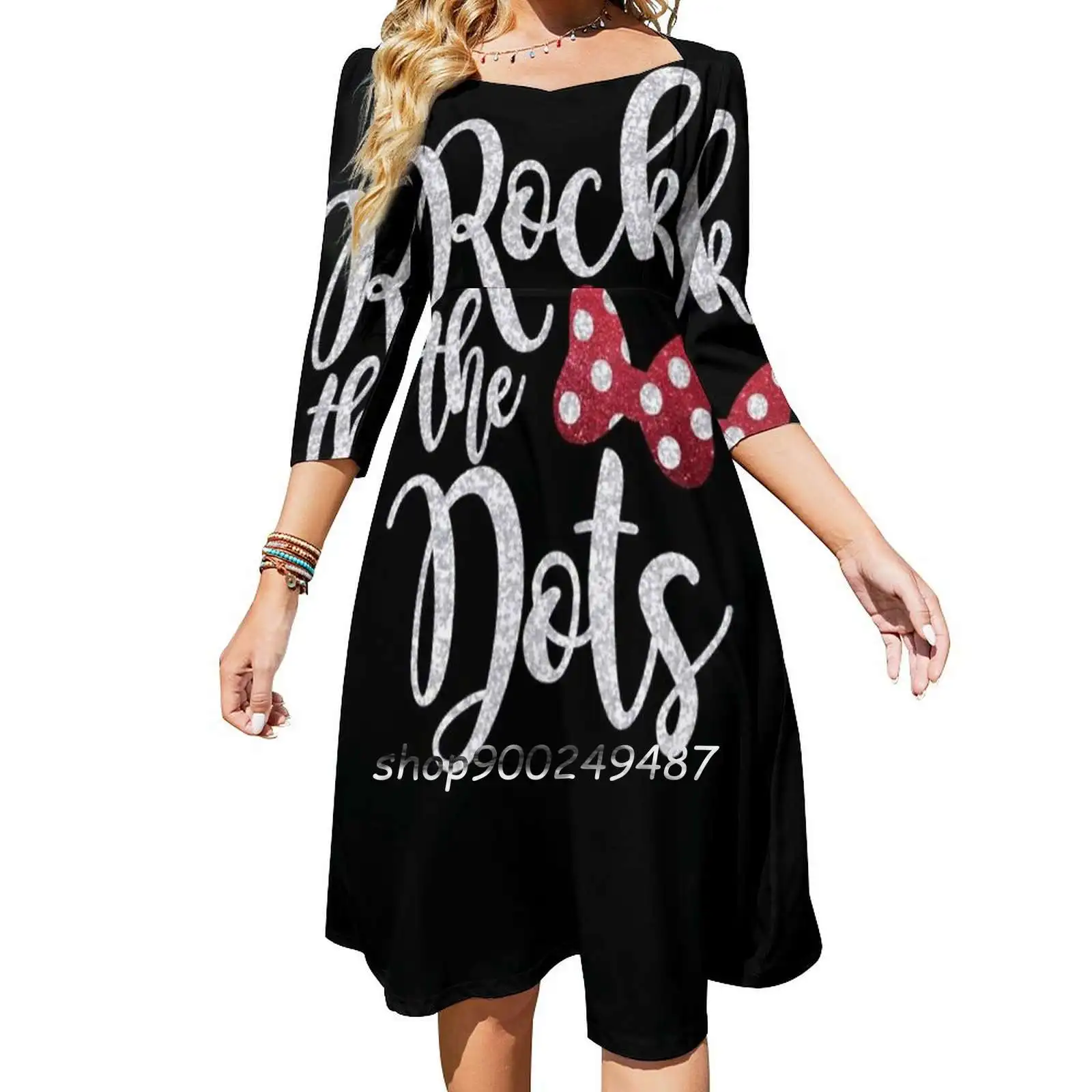 

Rock The Dots Flare Dress Square Neck Dress Elegant Female Fashion Printed Dress Minnie Mouse The Dots Bow Dots Polka Dots