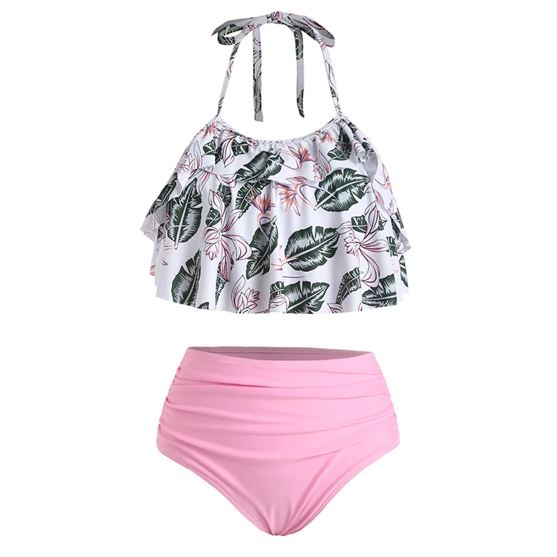 

Tropical Tummy Control Swimsuit Leaf Flounce Tankini Ruched Swimwear Tankinis Set Two Piece Bathing Suit