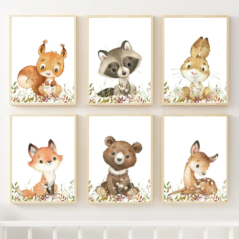 

Bear Fox Raccoon Rabbit Deer Wildflower Nursery Nordic Posters And Prints Wall Art Canvas Painting Pictures Baby Kids Room Decor