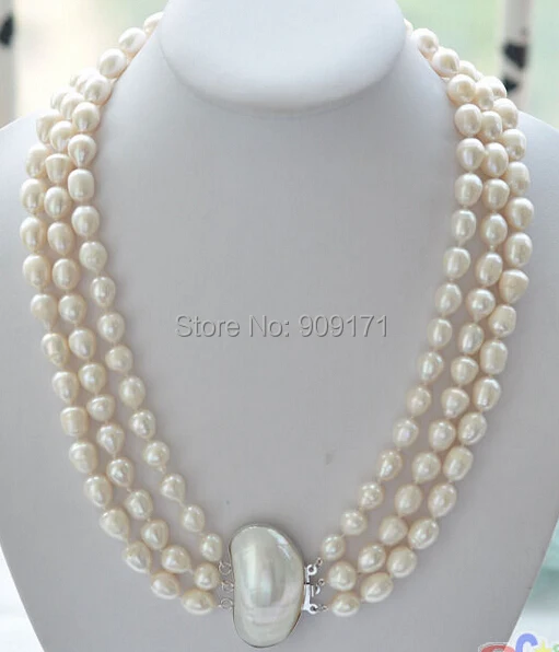 

Free Shipping 3row 17-19" 8-10mm rice white Freshwater cultured pearl necklace mabe