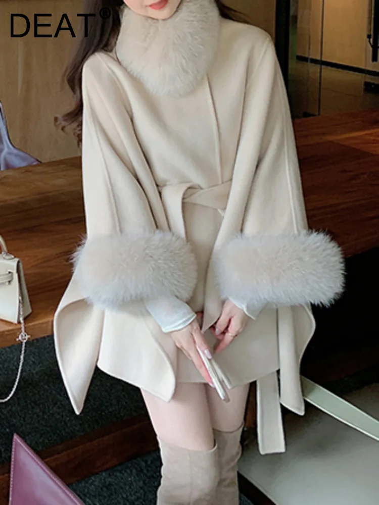 

DEAT Fashion Women's Woolen Coat Fur Collar Loose Full Sleeve Sashes Solid Color Thick Overcoat Female Winter 2024 New 7AB2701