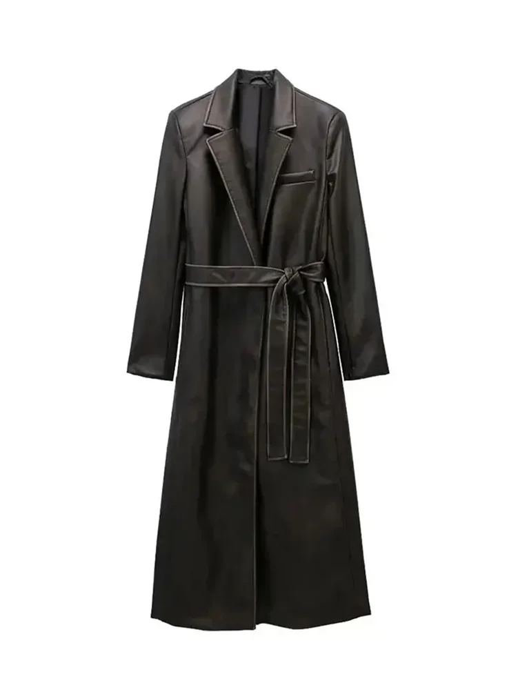 

HH TRAF Women's Faux Leather Long Trench Coat Classic Lapel Slim Overcoat with Belt Windproof Female Fashion PU Jacket Overcoat