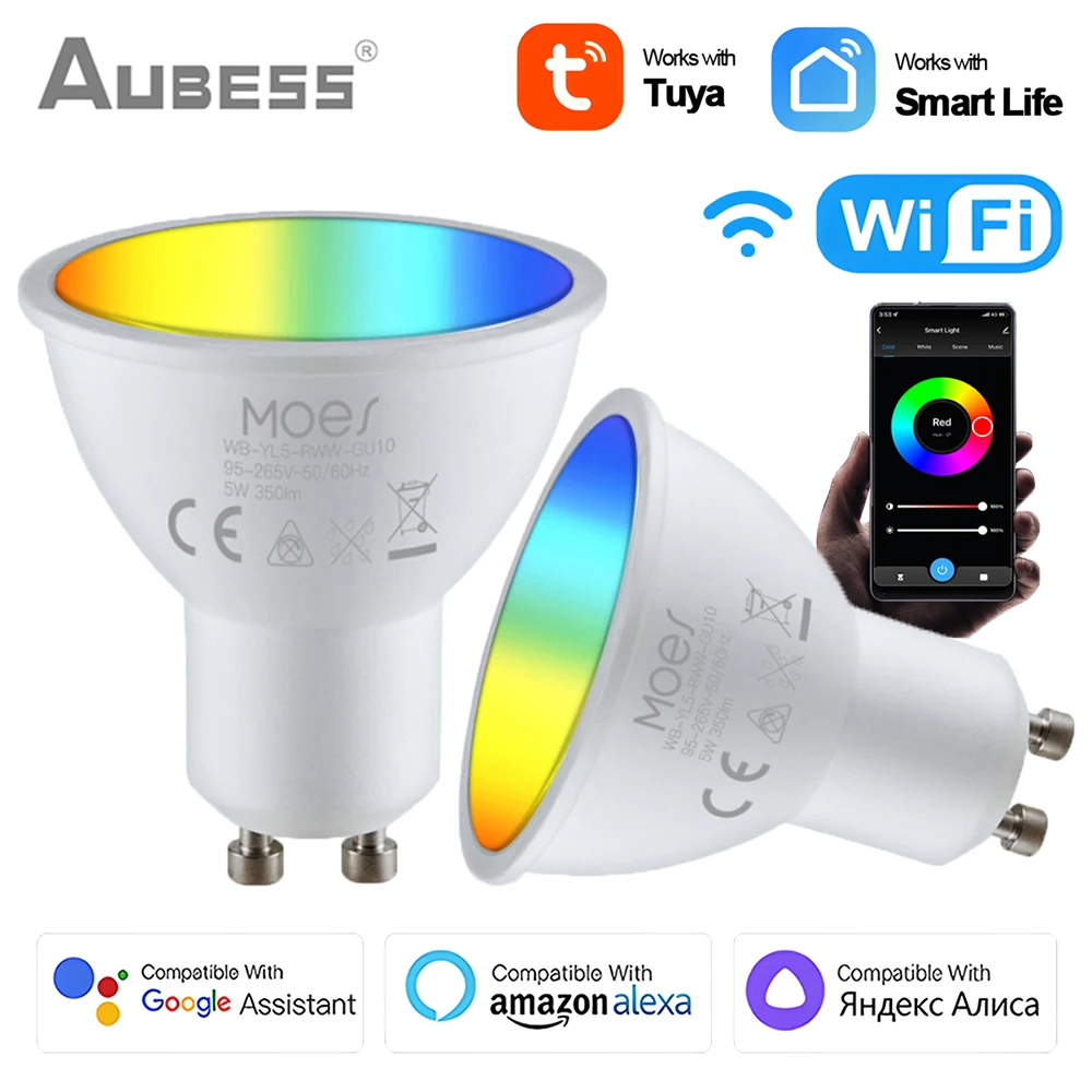 

Tuya WiFi Smart LED GU10 Bulbs RGBCW 5W Dimmable Light Lamp Smart Life Remote Control Work With Alexa Google Home Yandex Alice