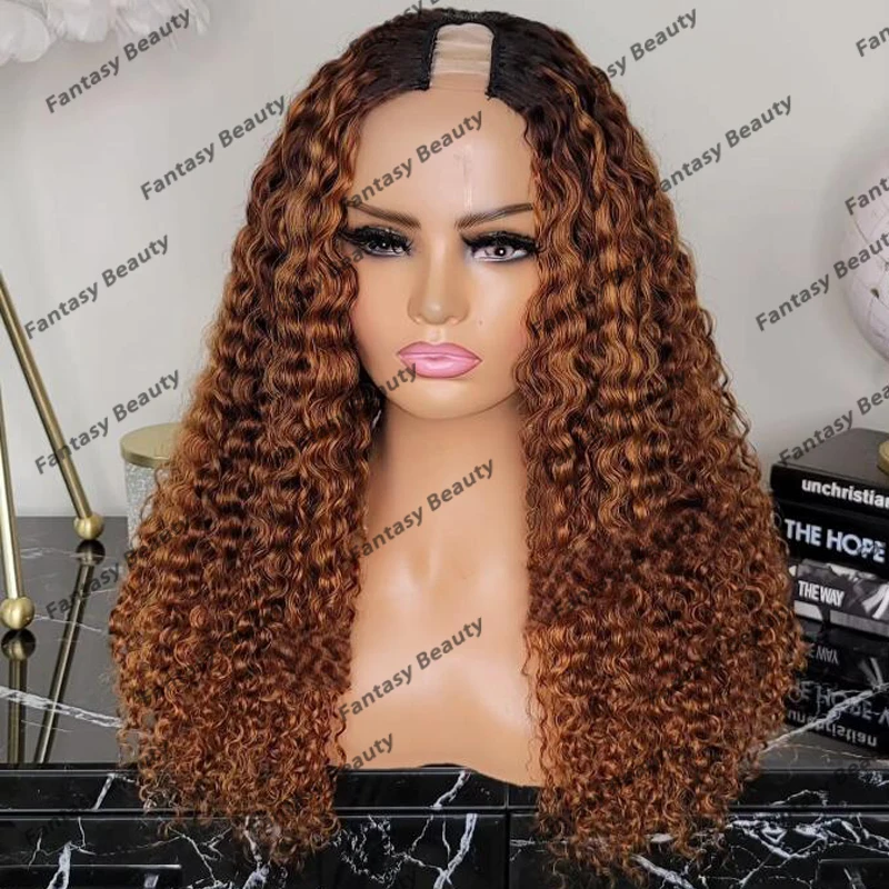 

Kinky Curly Ombre Golden Brown Afo Black Women Human Hair Wigs 1x4 U Shaped/V Part Opening Glueless Adjustable Wigs Full End