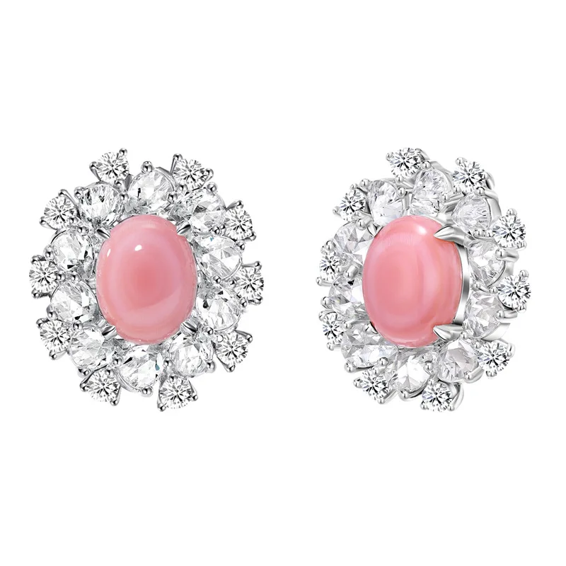 

Elegant 925 Sterling Silver 7*9 MM Oval Conch Pinkshells Gemstone Women Earrings Ear Studs Wedding Party Fine Jewelry
