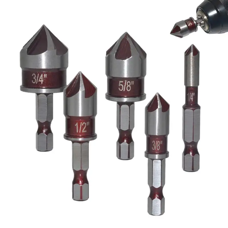 

Counter Sink Drill Bit 5Pcs Countersink Drill Bit Set 1/4 Inch Hex Shank Hss 5 Flute Countersink 82 Degree Center Punch Tool