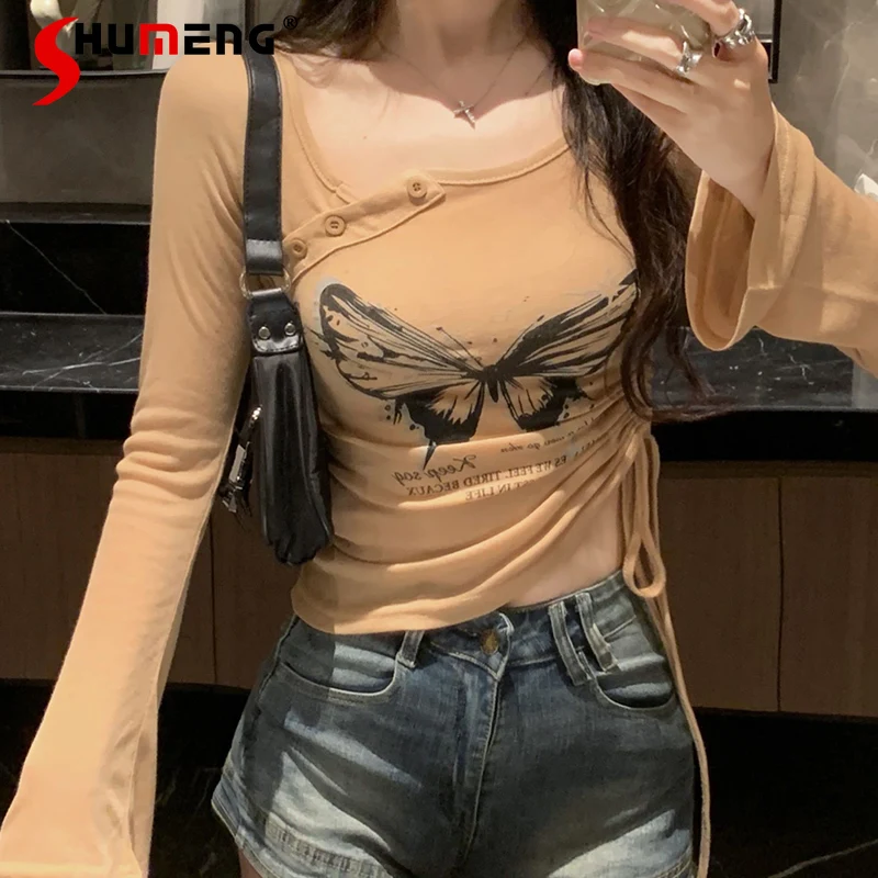 

Women's Long-Sleeved T-shirt Spring Retro Chic Hot Girl Irregular Butterfly Print Pure Desire Style Top Shirts Pullovers Ladies