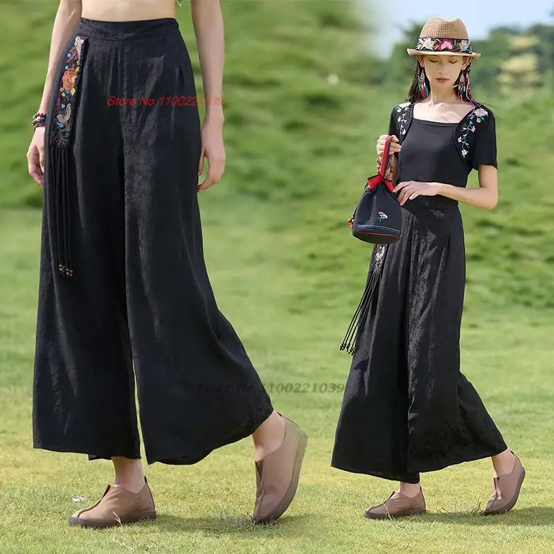 

2024 chinese vintage pants flower embroidered pants women traditional wide leg trousers national tassels ethnic folk long pants