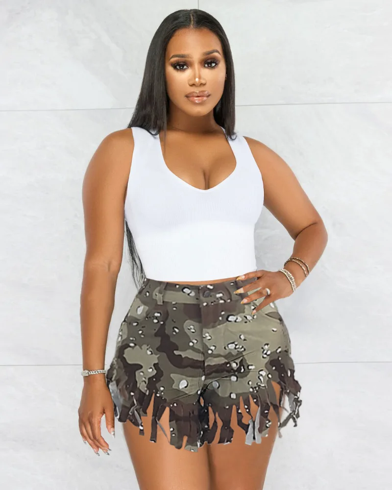 KEXU Fashion Camouflage Print Tassel Flare Shorts 2023 Women New Summer Street Green Short Trousers
KEXU Fashion Camouflage Print Tassel Flare Shorts 2023 Women New Summer Street Green Short Trousers