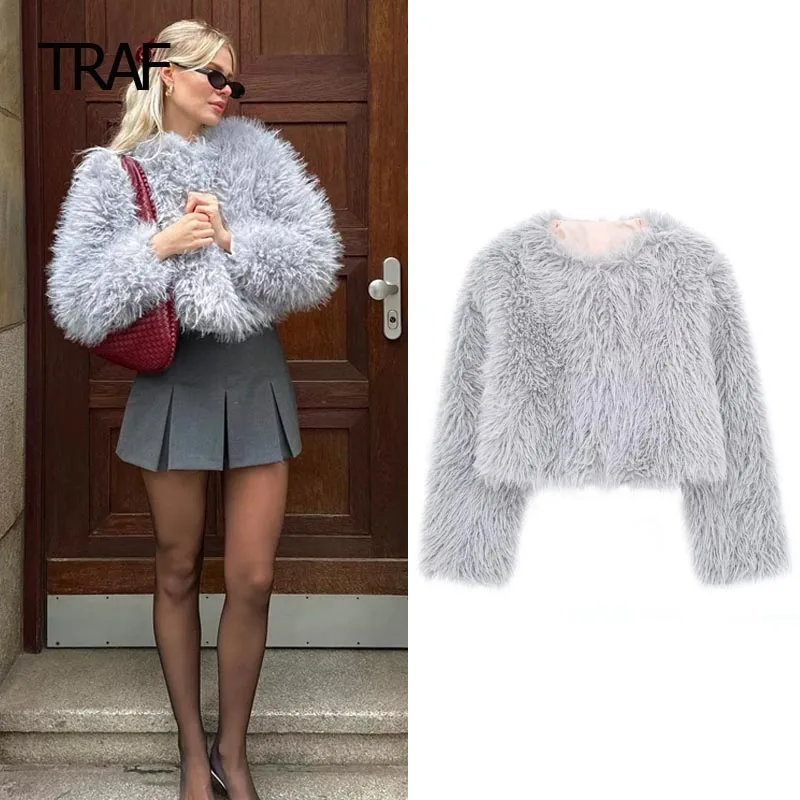 

TRAF Faux Fur Coat Women's Bomber Jacket Autumn Winter Plush Cropped Long Sleeve Top New In Outerwear Elegant Warm Fluffy Jacket