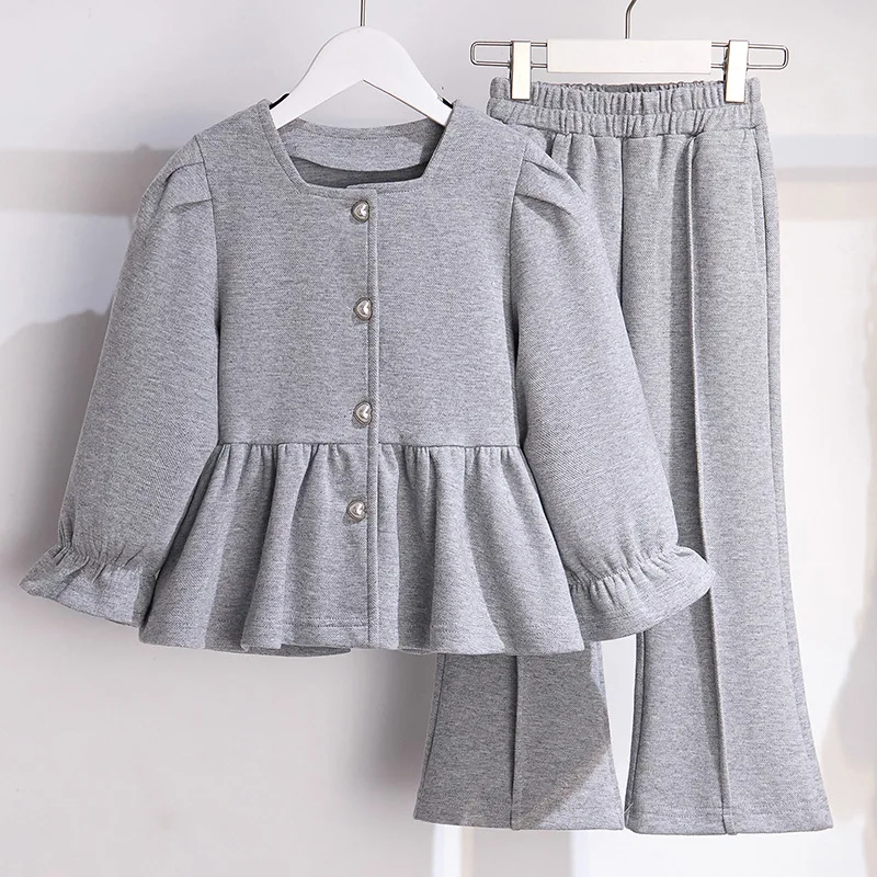 

Junior Girls Autumn Clothing Set New Children Square Neck Long Sleeve Top Flared Pants 2 Piece Suit Spring Trend