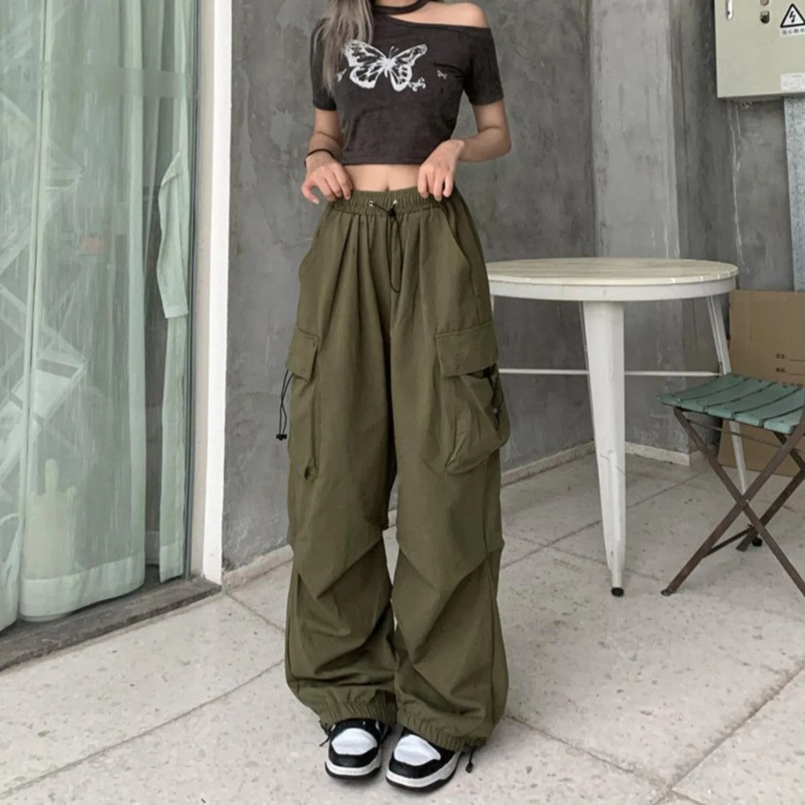 

Women Y2k Cargo Pants Casual High Waisted Breathable Baggy Sweatpant Kpop Wide Leg Drawstring Oversize Pockets Joggers Trousers