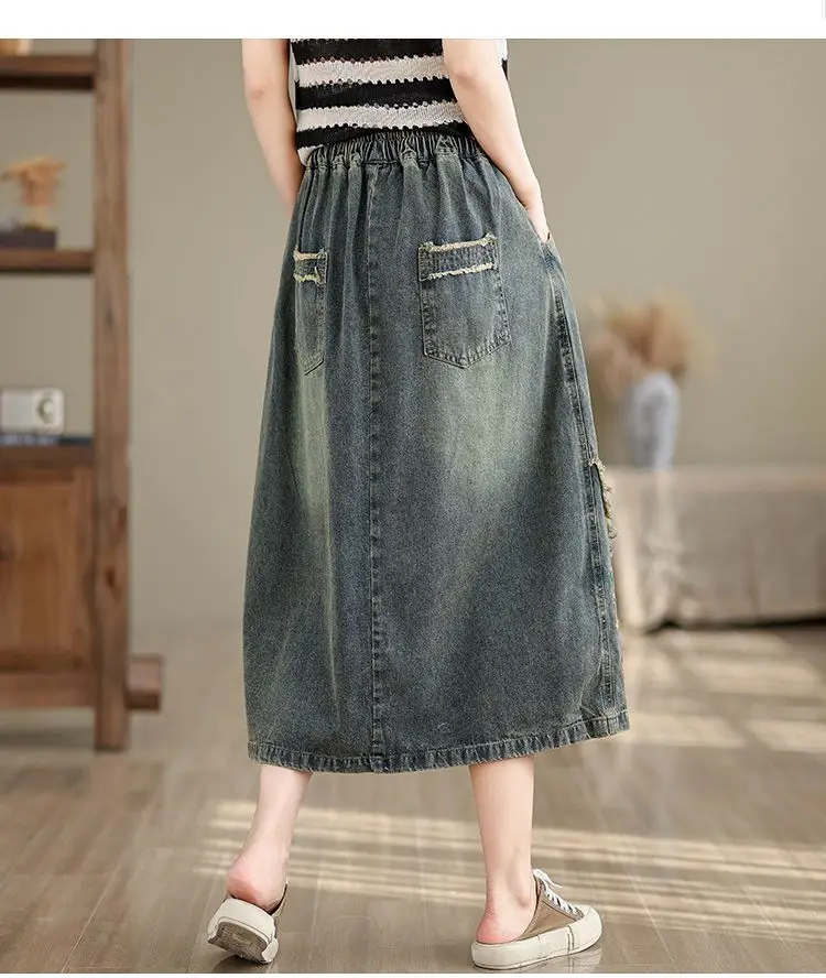 High waist Embroidered Denim Skirt For women Spring Summer 2026 Loose Elastic waist tie Versatile A-line Long Skirts Female 12 Sca35acc15ce04ff3a29c64fccd8a0dc3t