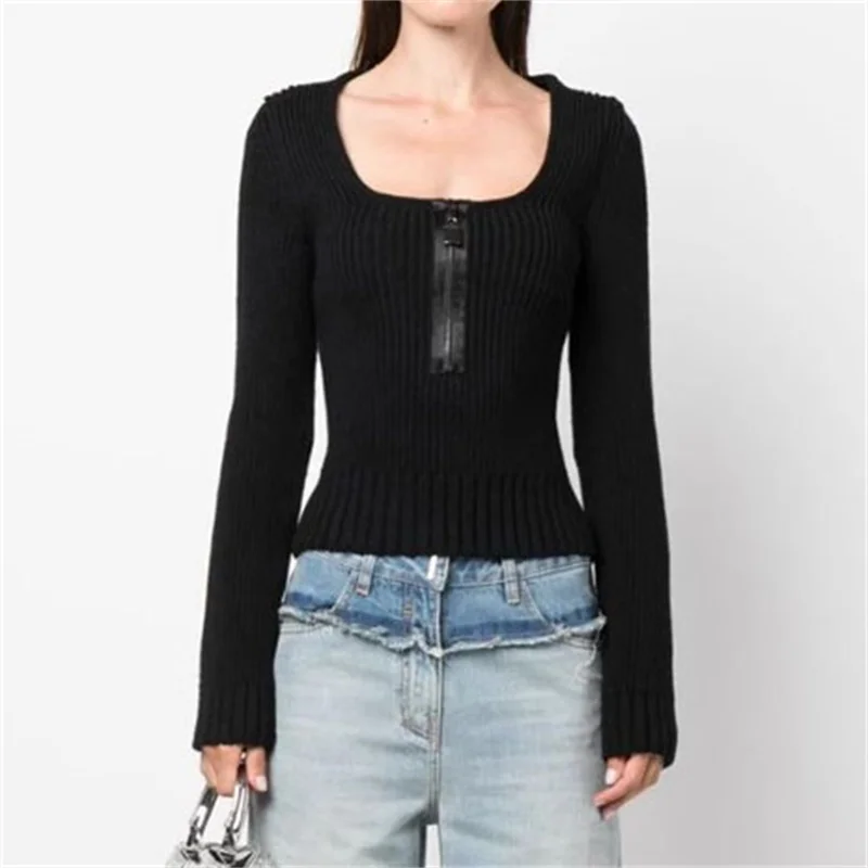 Women's Sweater 2023 Autumn New Fashion Zipper With Lock Threaded Elastic Slim Fitting Wool Sweater Square Neck Long Sleeved Top
Women's Sweater 2023 Autumn New Fashion Zipper With Lock Threaded Elastic Slim Fitting Wool Sweater Square Neck Long Sleeved Top