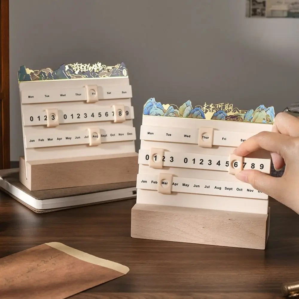 

Desktop Ornaments Wooden Slider Calendar with Ruler Agenda Planner Miniature Art Ornament Slider Perpetual Calendar Date Display