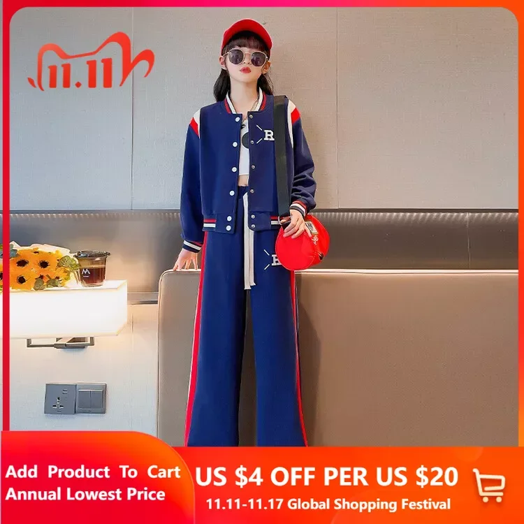 

Junior Girls Baseball Uniform Suit New Children Fashion Splicing Letter Jacket Casual Pants 2 Pieces School Clothes Trend