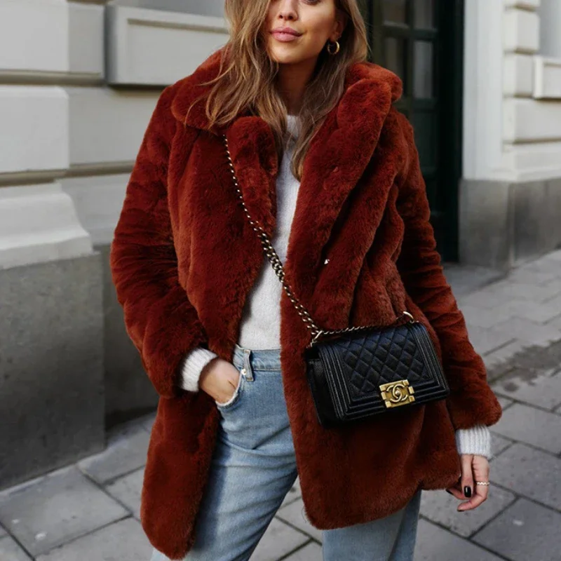 

Женская Толстая куртка из искусственного меха, винно-красная осенне-зимняя Корейская длинная куртка, длинная теплая роскошная черная меховая парка, пушистая верхняя одежда
