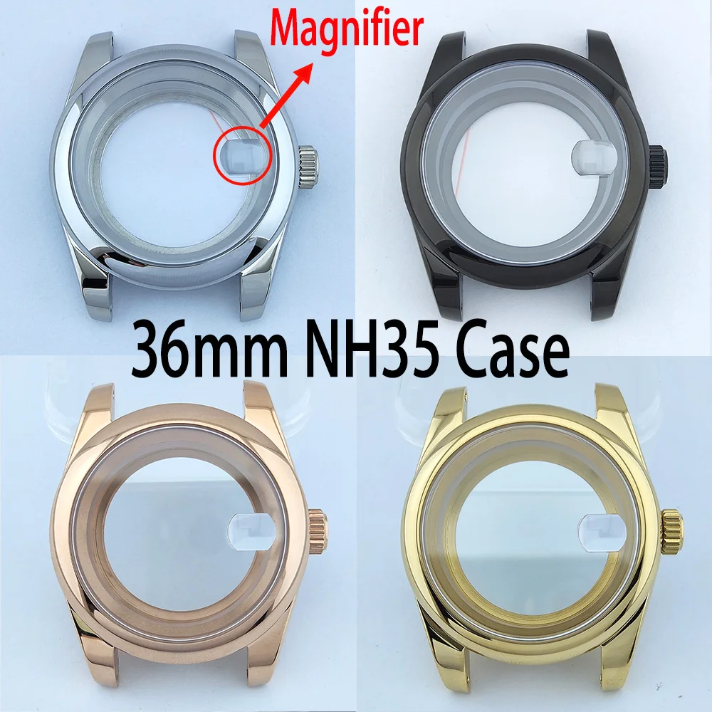 

New 36mm Case NH35 Watch Case 316L Stainless Steel Sapphire Glass With Calendar Window Magnifier Case Fit NH35/NH36 Movement