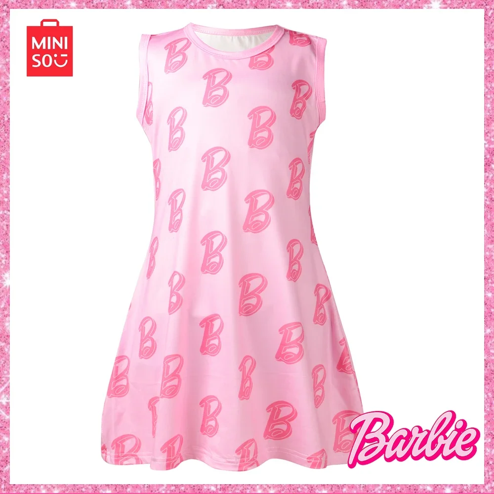 

New Miniso Barbie Kawaii Pink Letter Print Dress Summer Dress Children Princess Dress Casual Sweet Fashion Girls Birthday Gift