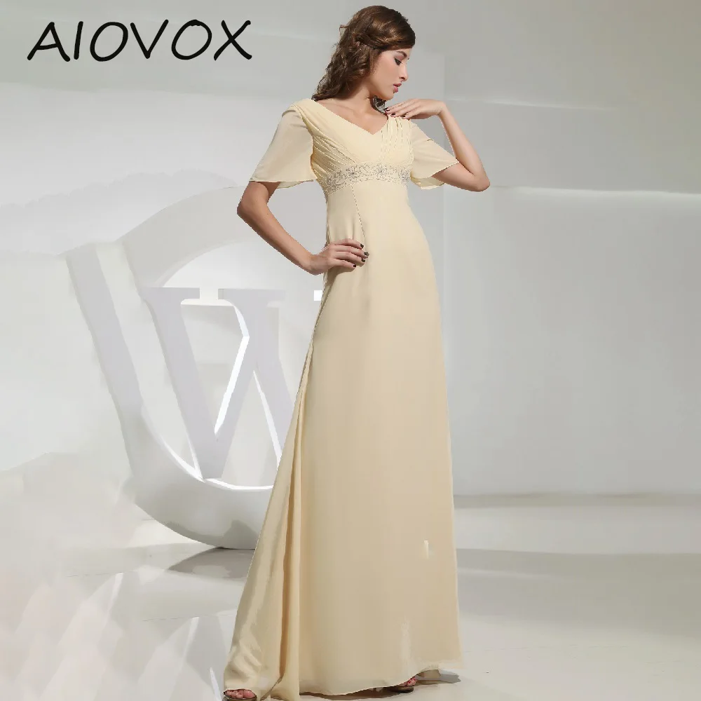 

AIOVOX A-line Wedding Party Dress Chiffon Elegant V-Neck Short Sleeves Empire Waist Belt Beading DecorationFormal Party Dress