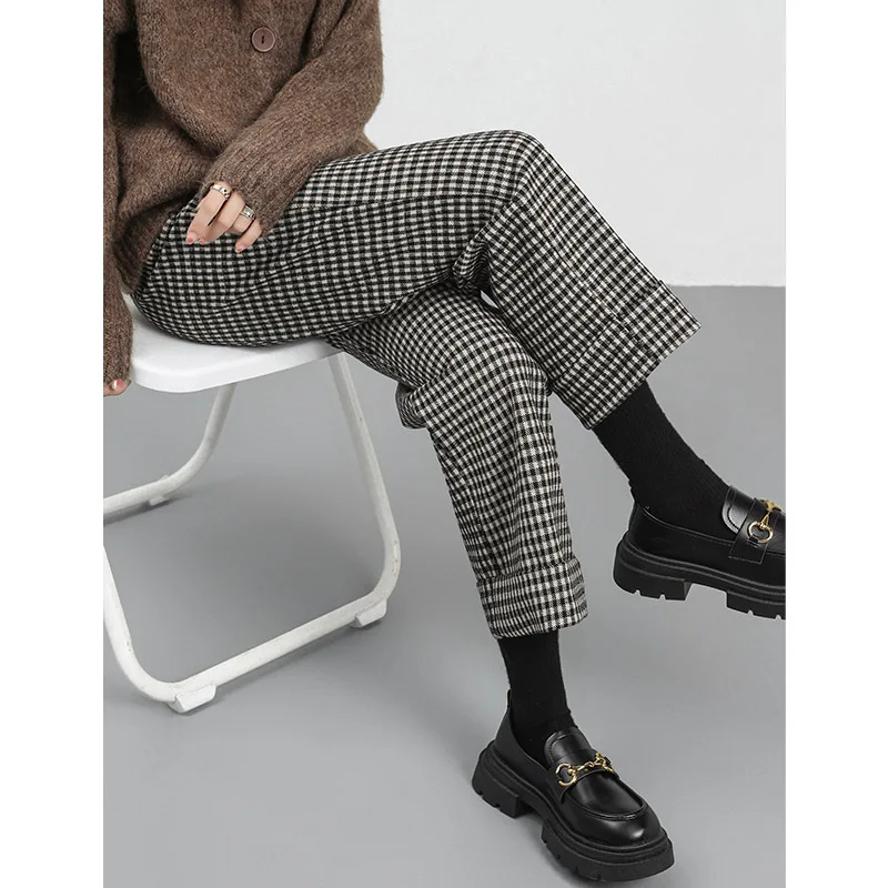 

Checkered woolen Harlen pants for women in autumn and winter, small stature high waist, casual straight tube, slim cropped pants