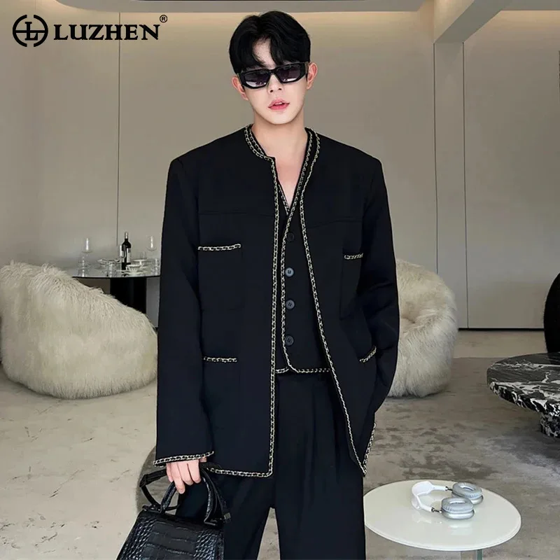 

LUZHEN 2024 Spring Trendy Elegant Splicing Edge Design Casual Tank Tops Suit Jacket Cardigan Men's Fashion Two-piece Sets LZ2782